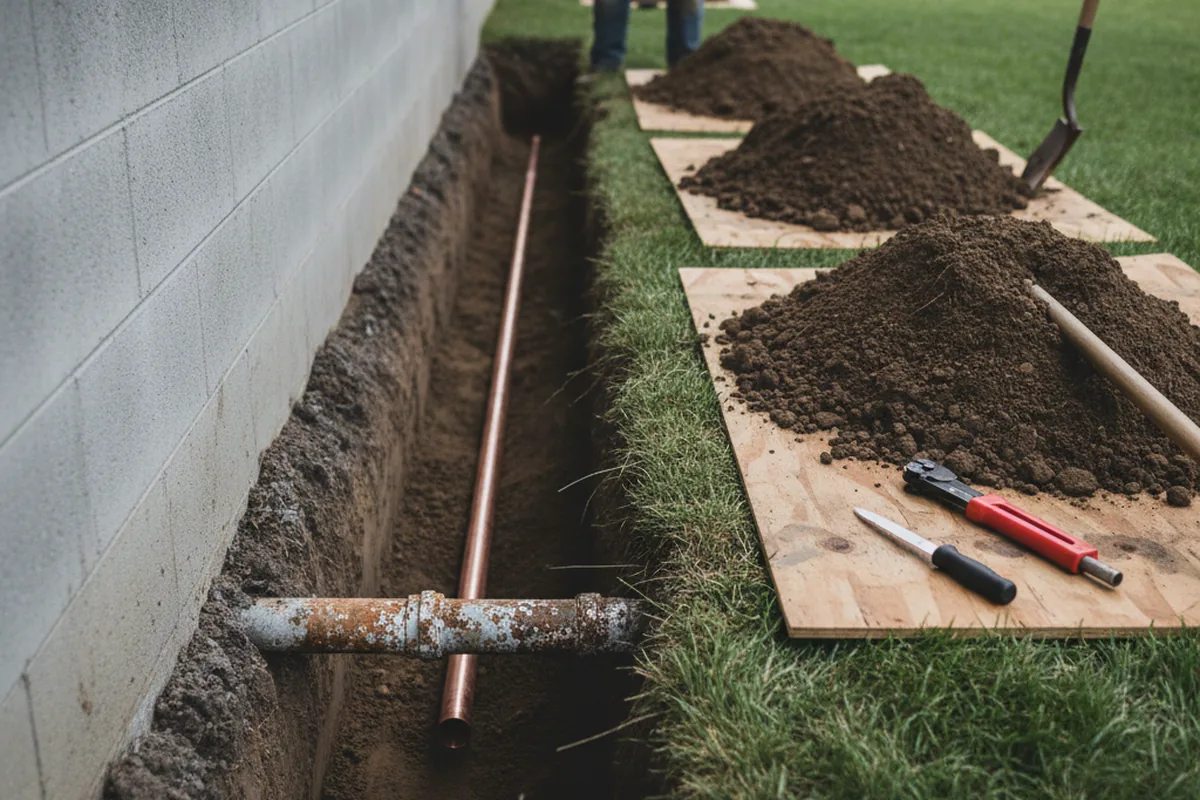 Excavated water line trench during Water Heater Repair in Ethridge